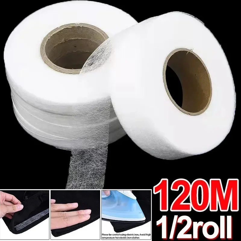 Dupla Face Adesivo Tecido Não-Tecido Calças Hem Tape, Fita Borda Colar Curto, Ferramentas DIY, roupas Jean, Tamanho curto, costura, 60 m, 120m