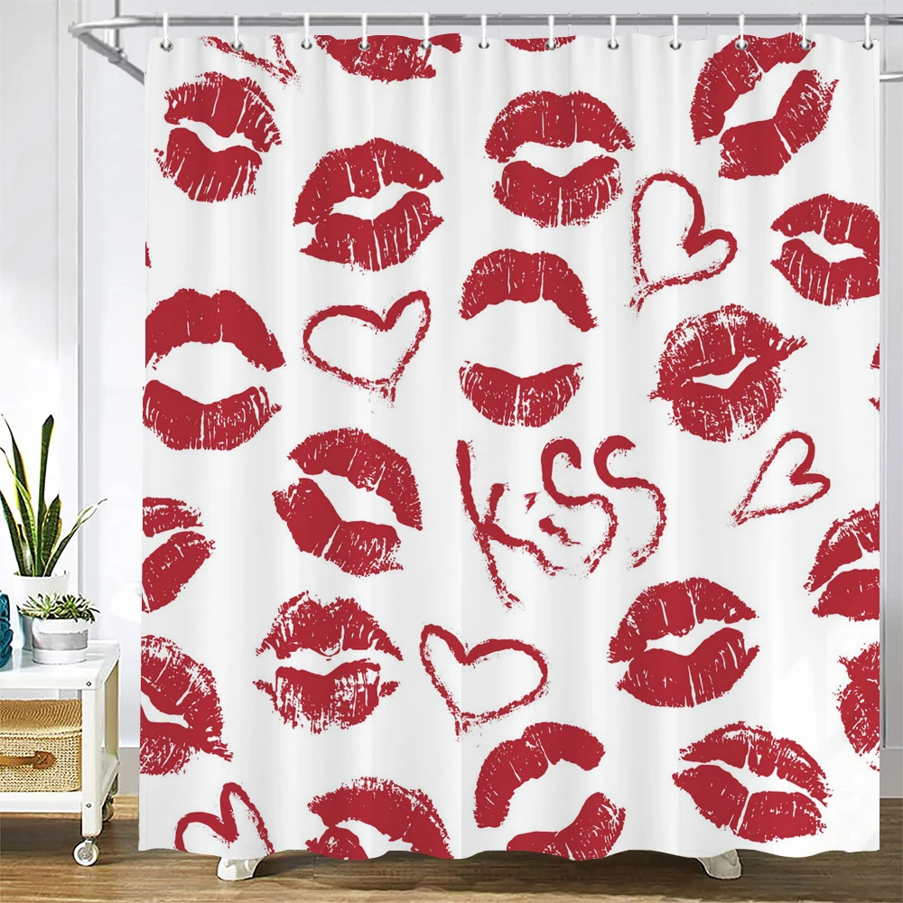 

Happy Valentines Day Shower Curtains Bathroom Curtain Rose Love Kiss Red lips Romantic Decor Shower Bath Waterproof Fabric