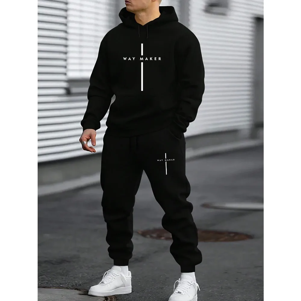 Cozy Fleece-Lined Hoodie & Sweatpants Set for Men - Trendy Print, Casual Fall/Winter Outfit