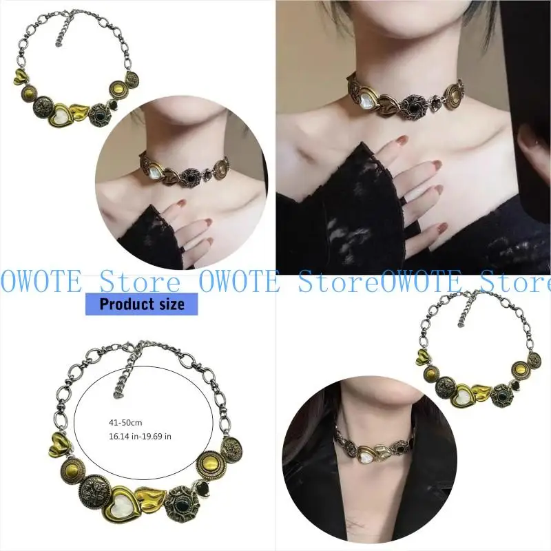 

A52E Vintage Brass Clavicle Chain Necklace for Women and Girls Punk Retro Brown Stone Pendant Neckchain Accessory