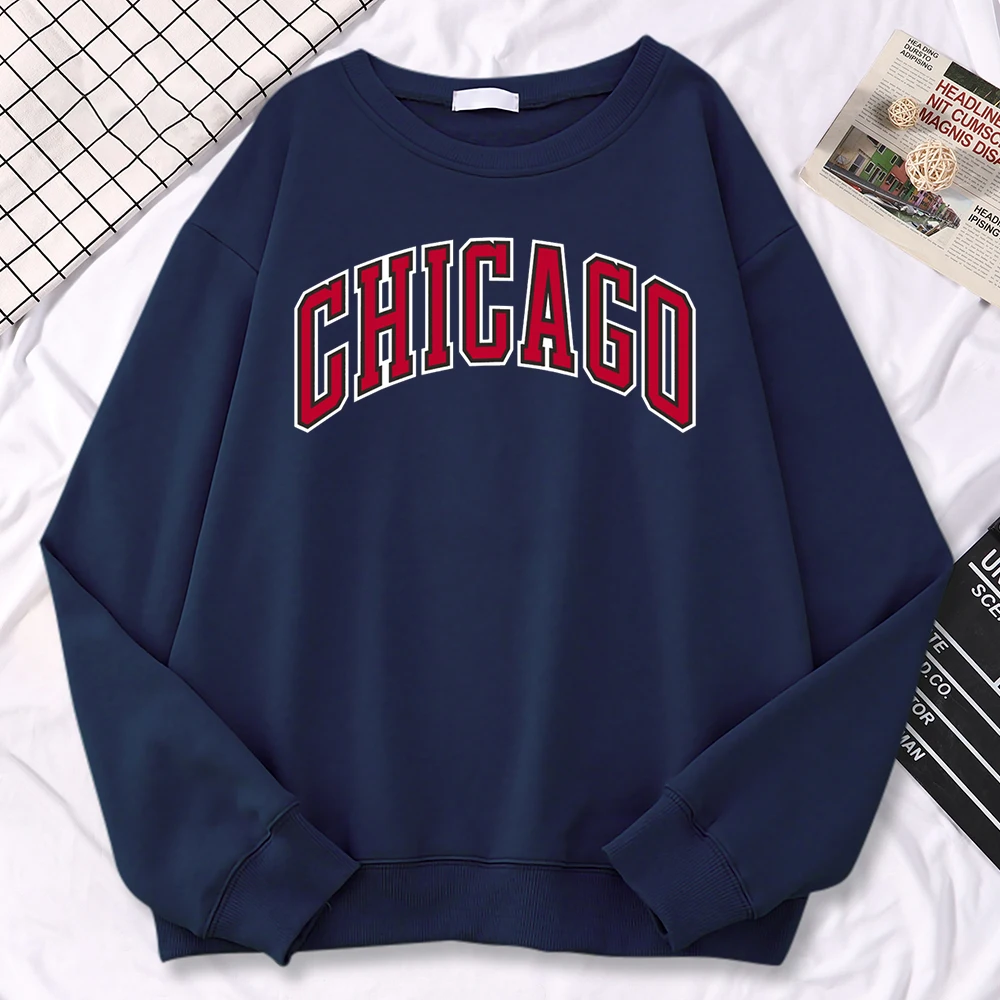 Street Kawaii Sweatshirt For Women Chicago American City Print Hoodie Crewneck Soft Pullover Warm All-Math Female Sportswear