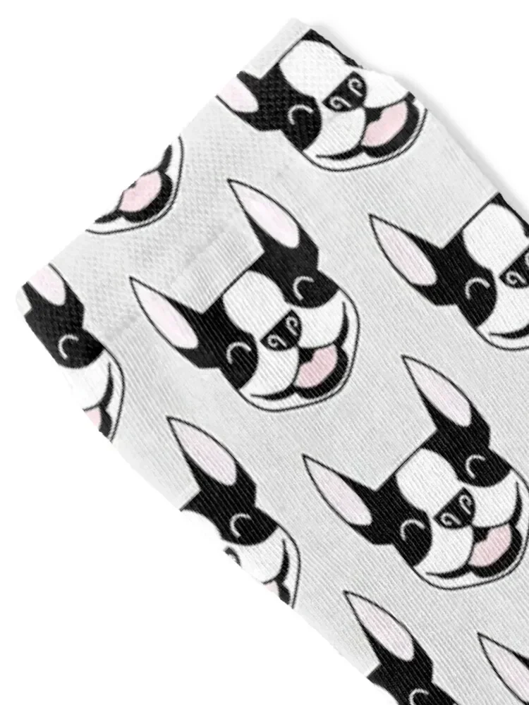 Smiling Boston Terrier face in black and white - cartoon Boston silhouette - Smooshface United - Boston Terrier gift Socks