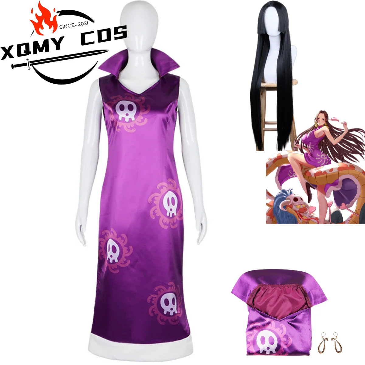 XqAnime Boa Hancock disfraz de Cosplay Oka Shichibukai miembro vestido Cheongsam púrpura pendiente peluca mujer Sexy traje de fiesta de Carnaval