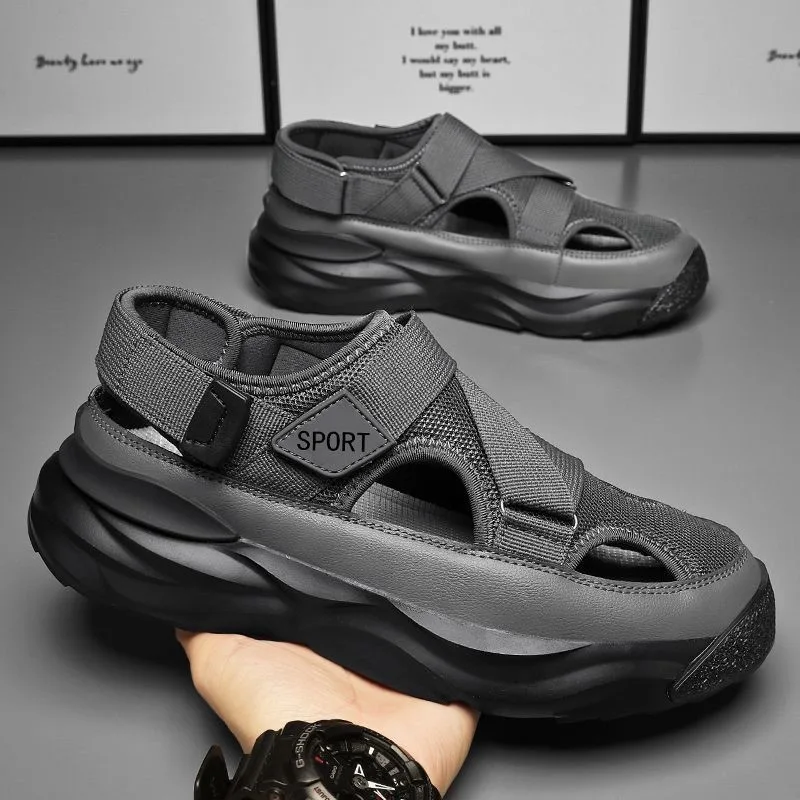 Herensandalen Zomergatschoenen Op blote voeten holle slijtvast Dikke Zool Buitensport Anti-slip Headed Beach Sandals Slippers sandalen schoenen waterschoenen slippers