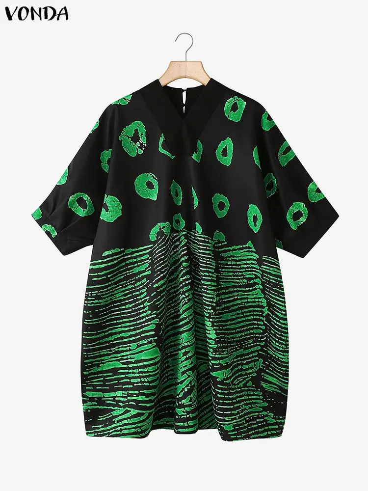 فوندا حجم كبير فساتين صغيرة 5XL المرأة البوهيمي طباعة 3/4 كم الخامس الرقبة عادية فضفاض حفلة Vestidos عطلة الخريف موضة رداء #1