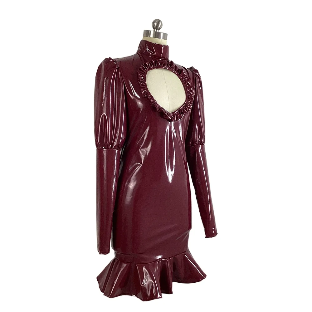 Women's Long Sleeve Mini Dress, Plus Size, Hollow Out, Slim Ruffles, Short Fetish, PVC, Wetlook Clubwear, Elegant