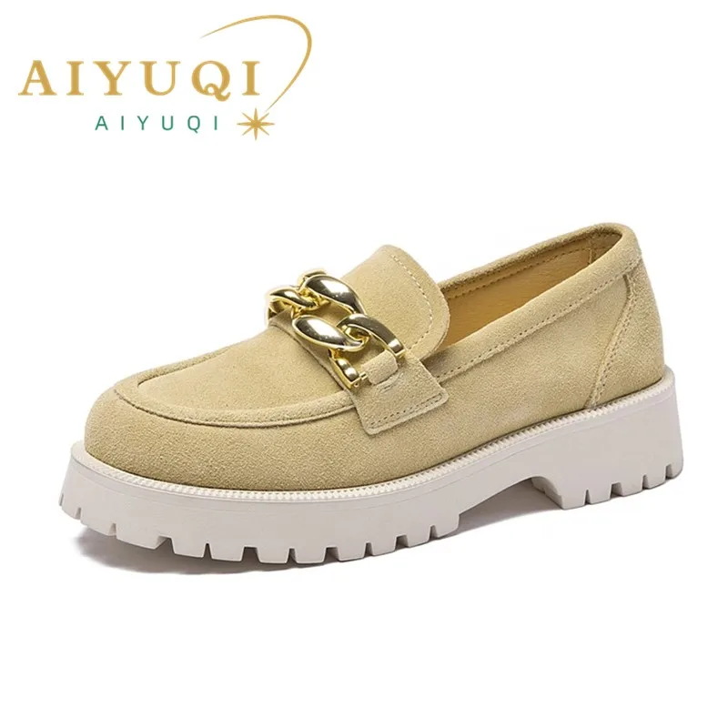 AIYUQI Women Loafers Suede Genuine Leather 2024 New Chain British Style Women Spring Shoes Large Size 41 42 Student Shoes Ladies