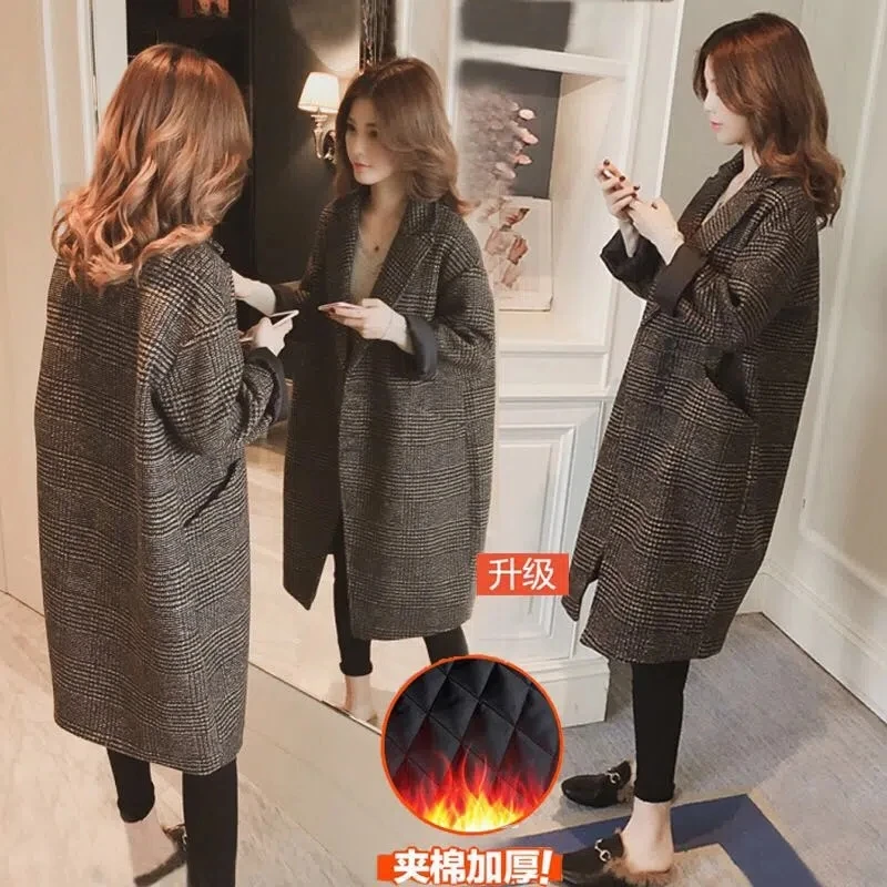 

22 Autumn Winter New Korean Version Medium And Long Houndstooth Woolen Jacket Women Suit Collar Plaid Over-The-Knee Cocoon Coat