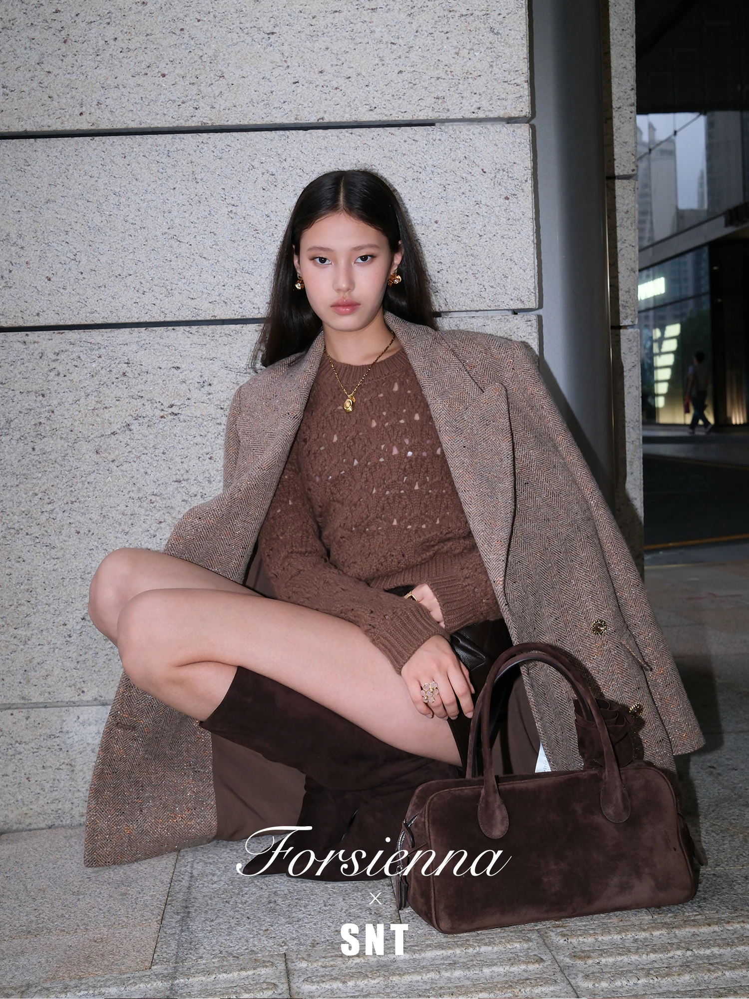 

Ele Wool Blend Coat Skirt Set with Gold And Silver Tead Herringbone Pattern for Women Autumn Faion Tee-Piece Suit