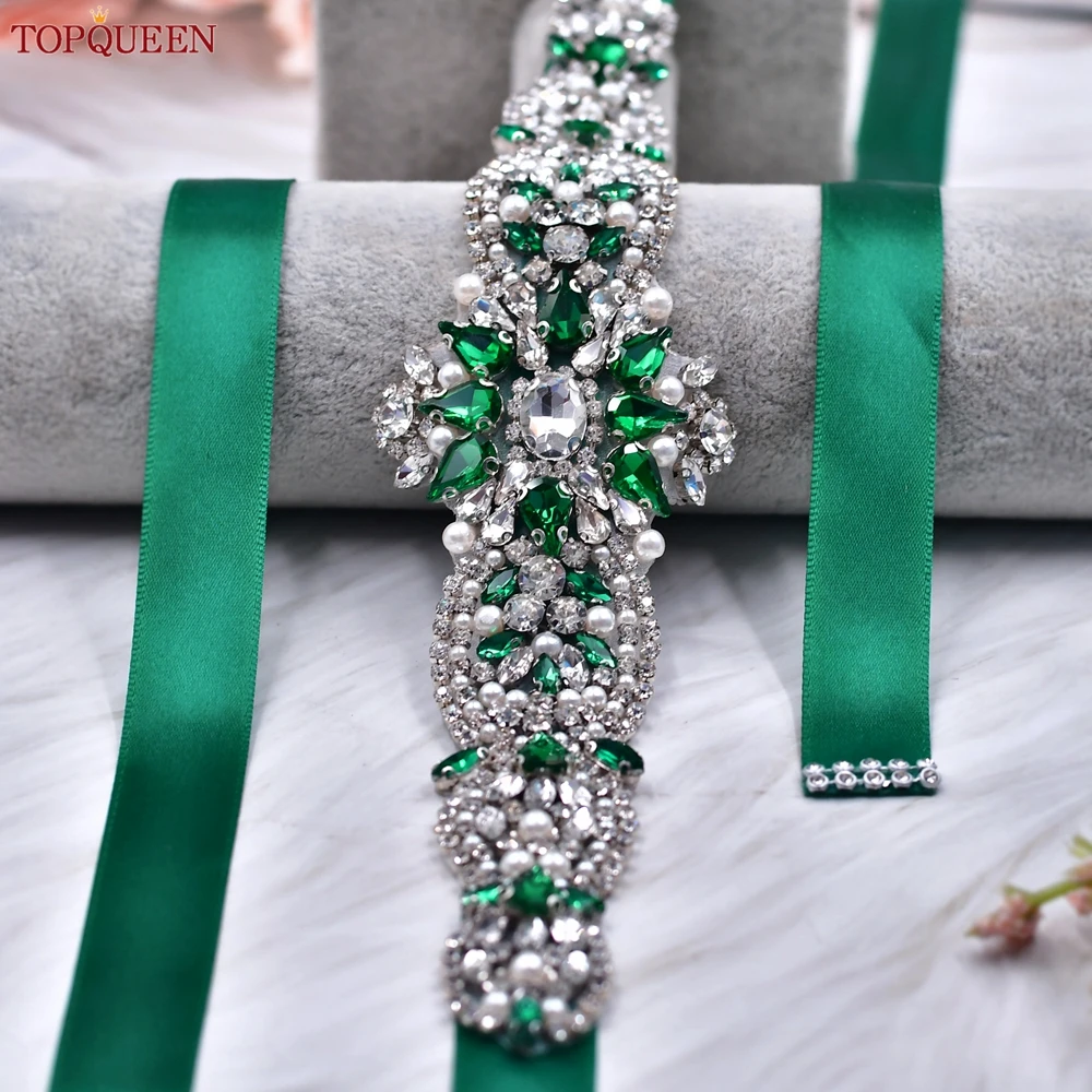 TOPQUEEN-faja de diamantes de imitación para mujer, cinturón para vestido de novia, piedra de joyería verde, aplique a mano, cinta de fiesta, S84-KL