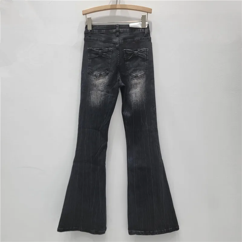 Americano cintura baixa queimado jeans para mulheres outono lavado angustiado fino ajuste calças jeans moda retro laço apliques calças