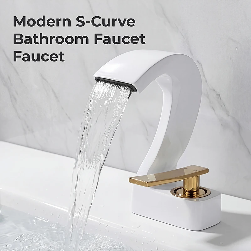 

White & Gold Bathroom Faucet, Solid Brass Modern Waterfall Spout Single Handle Basin Mixer Tap, Deck Mount Hot Cold Lavatory Fau