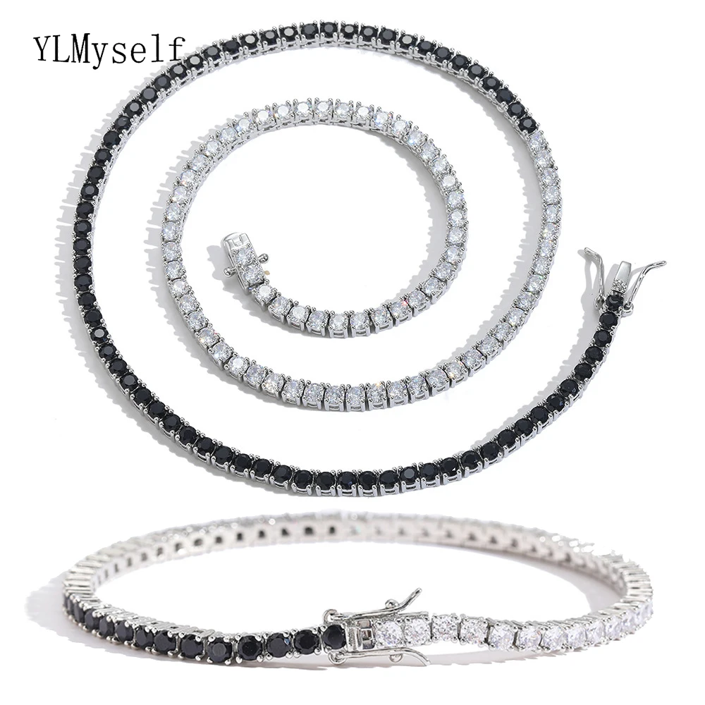 Brass 3mm Tennis Necklace+Bracelet 2 pcs Sets Pave Black+White Cubic Zircon Hiphop rock Chain Jewelry