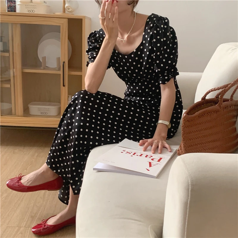 فستان صيفي أنيق بتصميم كلاسيكي منقط، ذو ياقة على شكل حرف V، مع حزام، أكمام فقاعية، تصميم نحيف، على الطراز الكوري، خصر مرتفع، ...