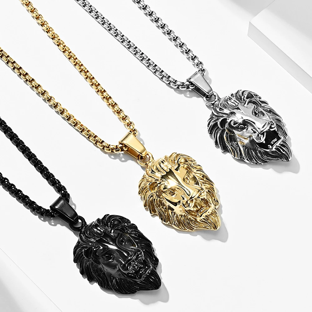 Trendy Stainless Steel Lion Head Animal Pendant Necklace For Men Hiphop Rock Silver/Gold/Black Color Fashion Jewelry Wholesale