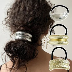 Fashion U-Shaped Metal Hammered Arch Pony Rhodium Hairband Gold/Silver Vintage Elastic Hair Ties Headwear Jewelry Accessories