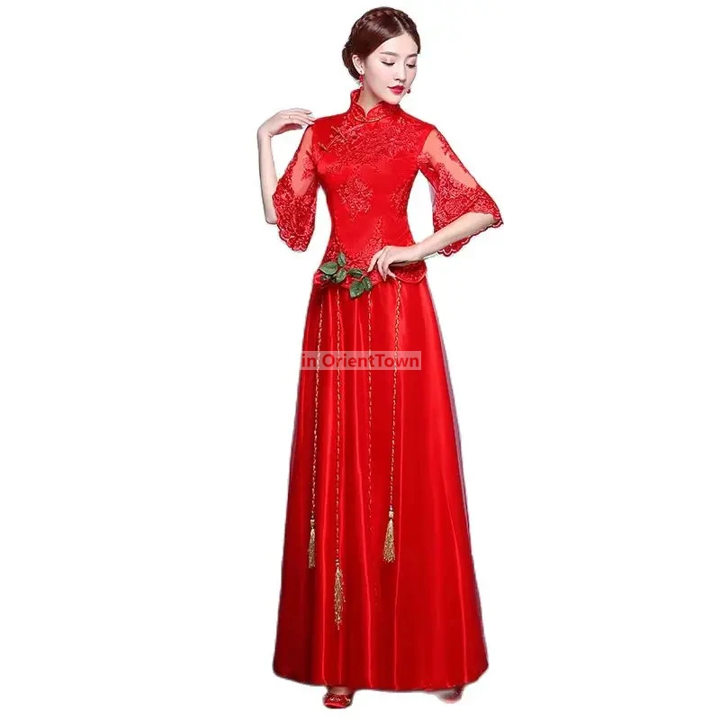 Dame Rot Qipao Traditionelle Chinesische Kleidung Orientalisches Hochzeitskleid alte Vestidos Asiatische Braut Ehe Cheongsam Anzug