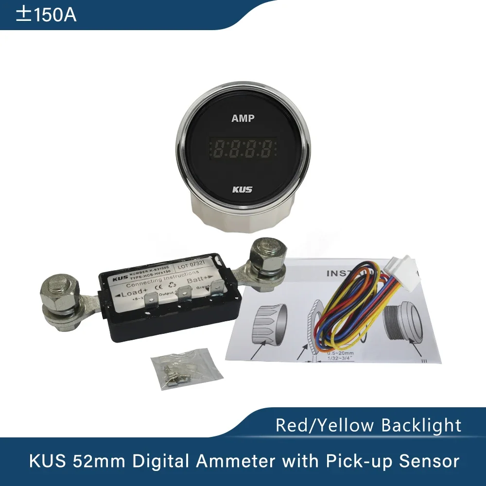 KUS Universal 52mm Amperemeter AMP Gauge +/-50A 80A 150A with Red Yellow Backlight for Car Motorcycle Truck Boat Yacht 12V 24V