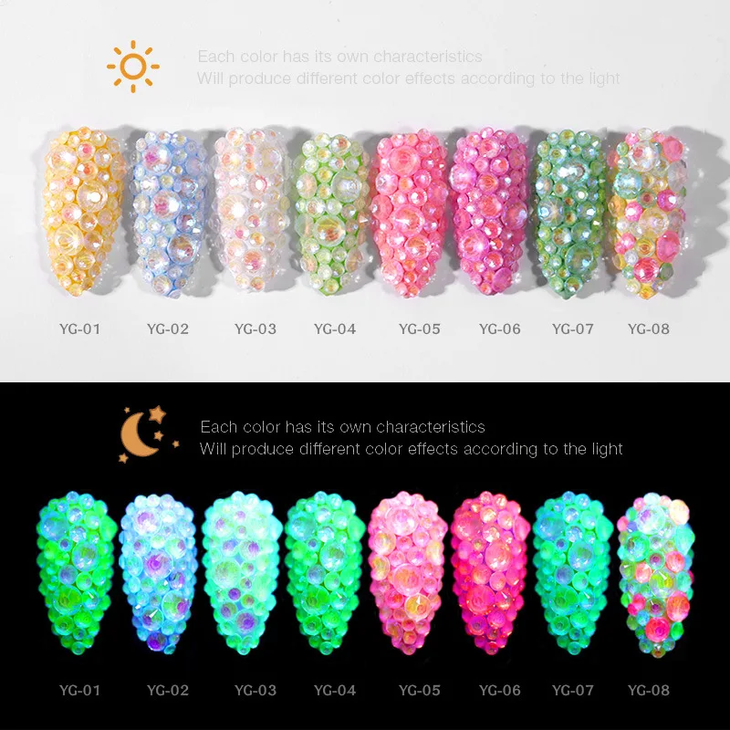 1Pack Luminous Crystal AB Nail Rhinestones Mixed Size  Glitter Glass Gem 3D Charm Flatback Strass Fluorescence Nail Art Decor