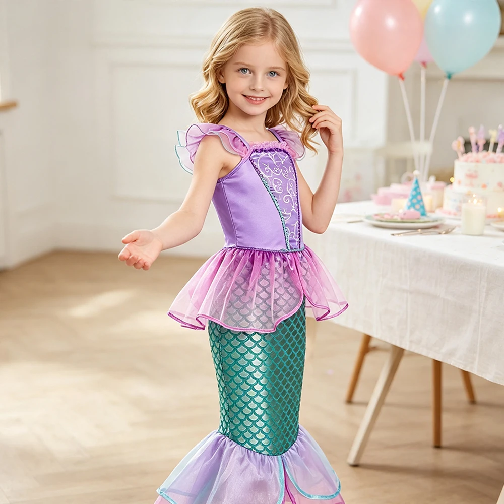 Meerjungfrauen-Sommerkleid Prinzessinnen-Kostüm mit Krone, Halskette und Zubehör-Set für Mädchen, Kinder, Karneval, Geburtstagsfeier, Abschlussball, Bühne – Detail 9