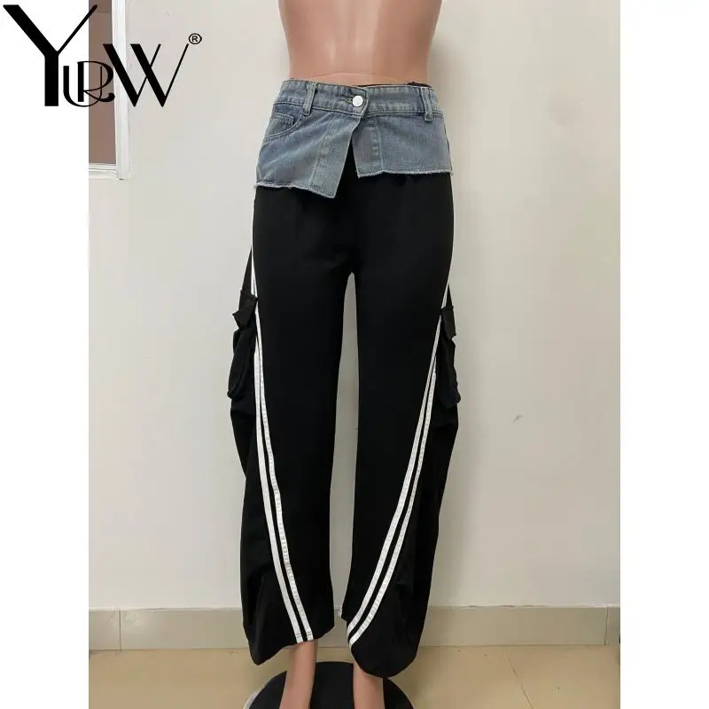 

YUERWAN Women Pans Capris 2025 Autumn Fashionable Denim Stitching High Waist Striped Loose Long Straight Pants Black Trousers