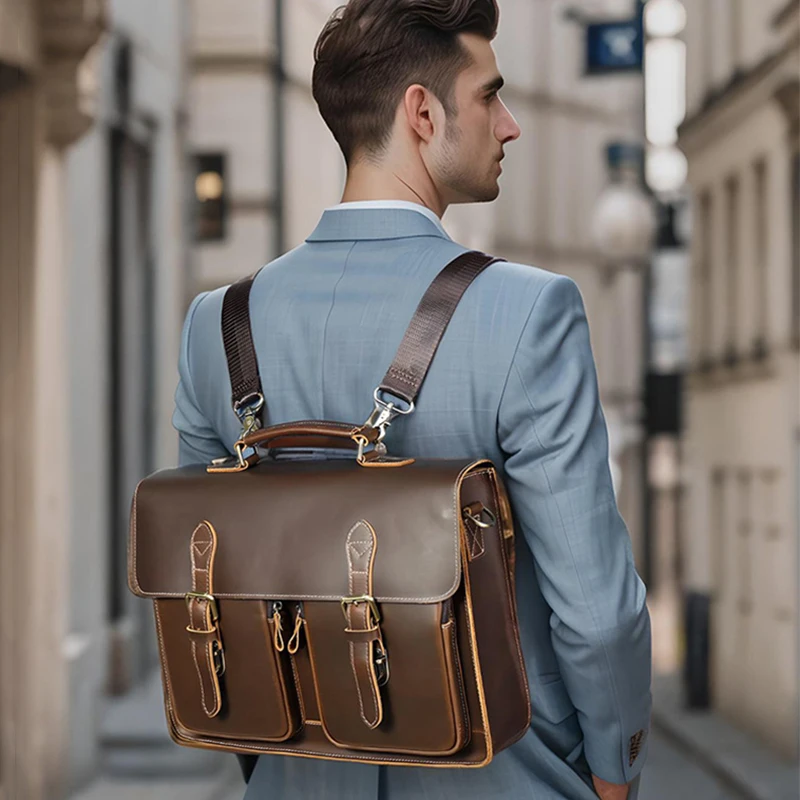 Bolso de mano Vintage para hombre, maletín de cuero de vaca con ruedas, bandolera de negocios