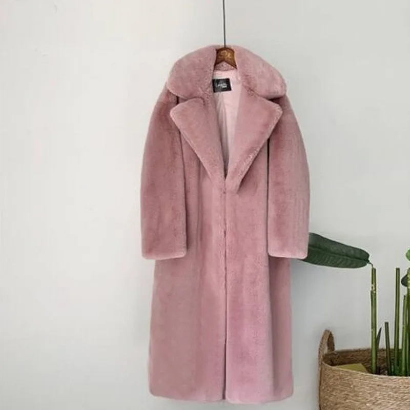 

Women Faux Fur Long Coat Big Lapel Collar Fluffy Plush Overcoat Winter Warm Loose Outerwear