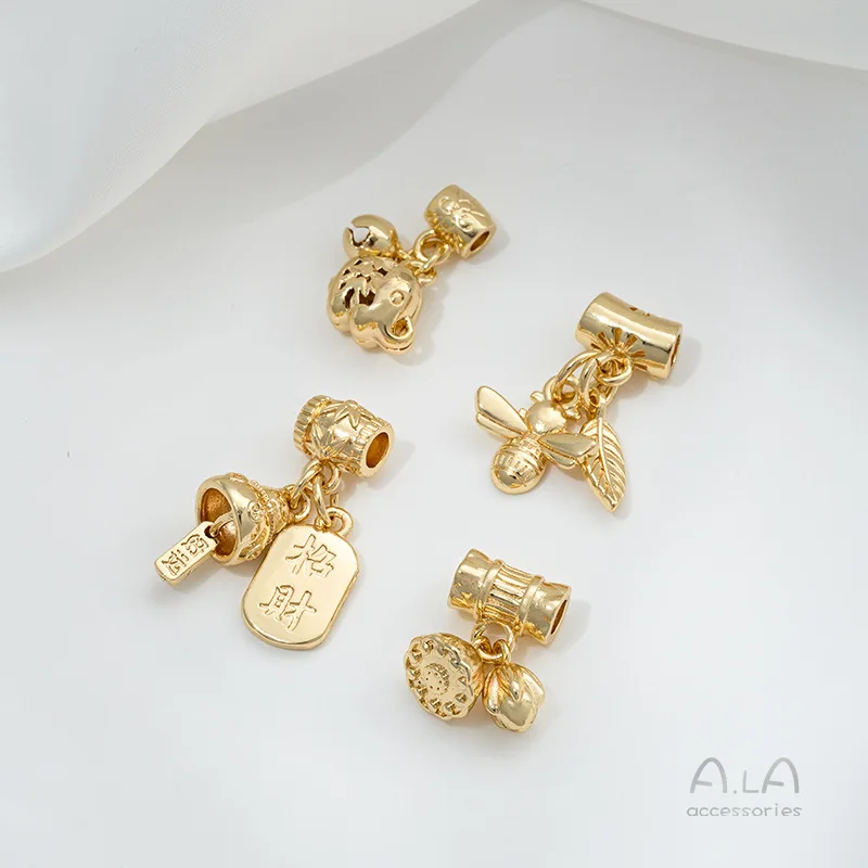 14K Gold Color Preserving Lotus Pod Cat Bee Baby Elephant Bell Bead Charms For DIY Handmade Jewelry Pendants