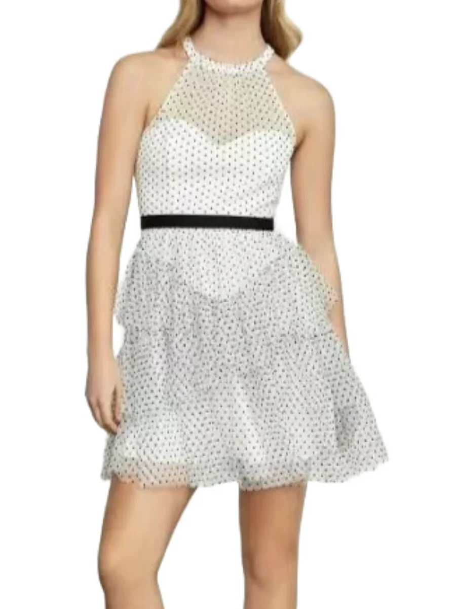 Vestido feminino com estampa de bolinhas, gola redonda, sem mangas, cintura alta, malha em camadas, doce, slim, mini robe