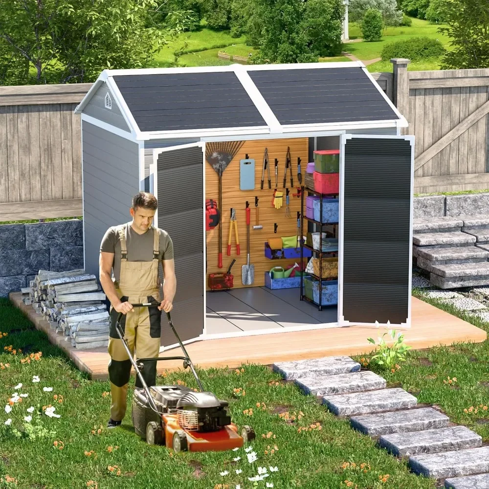 Outdoor Resin Storage Shed 8x6x7 FT Sheds Kit with Floor Included 2 Windows Double Lockable Door,Waterproof Outside Plastic