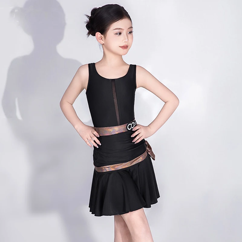 Latin Dance Dress Black Summer Performance Dance Costume Girl Sleeveless Bodysuit Skirt Set Rumba Samba Practice Clothes AMY1802