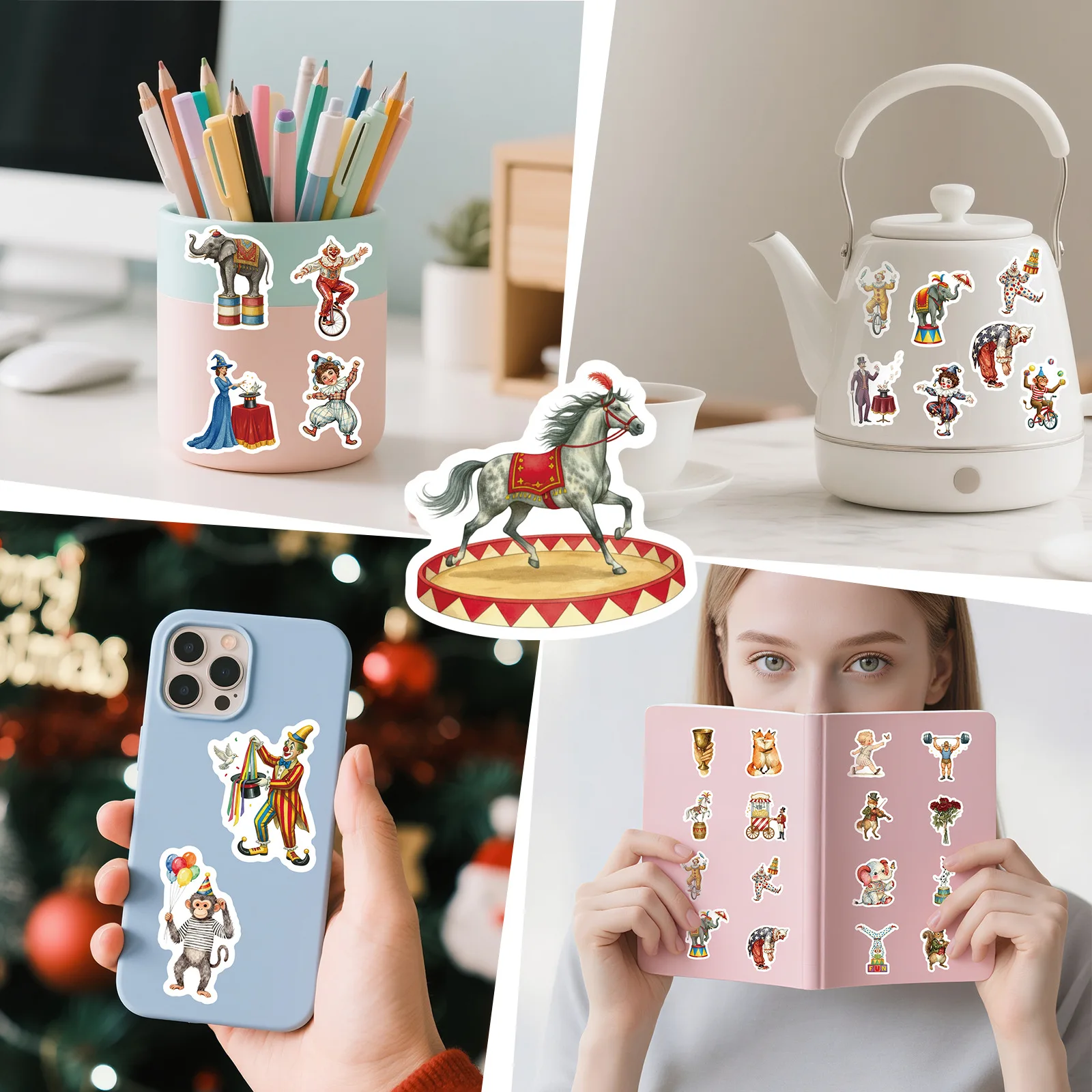 56개 빈티지 서커스 테마 스티커 광대 동물 공연 DIY 방수 데칼 노트북 장식용