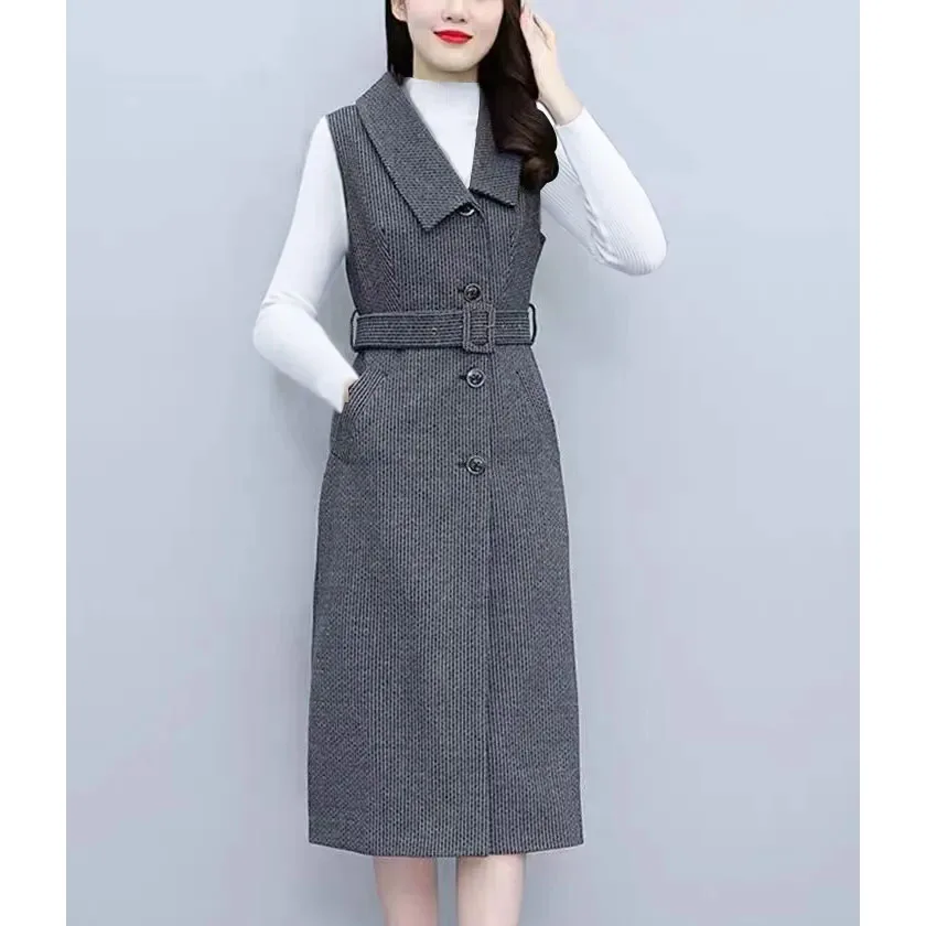 

Шерстяное платье-жилет, женское осенне-зимнее новое длинное платье-блейзер без рукавов + свитер, комплект из двух предметов, женское платье на бретелях, костюм, наряд