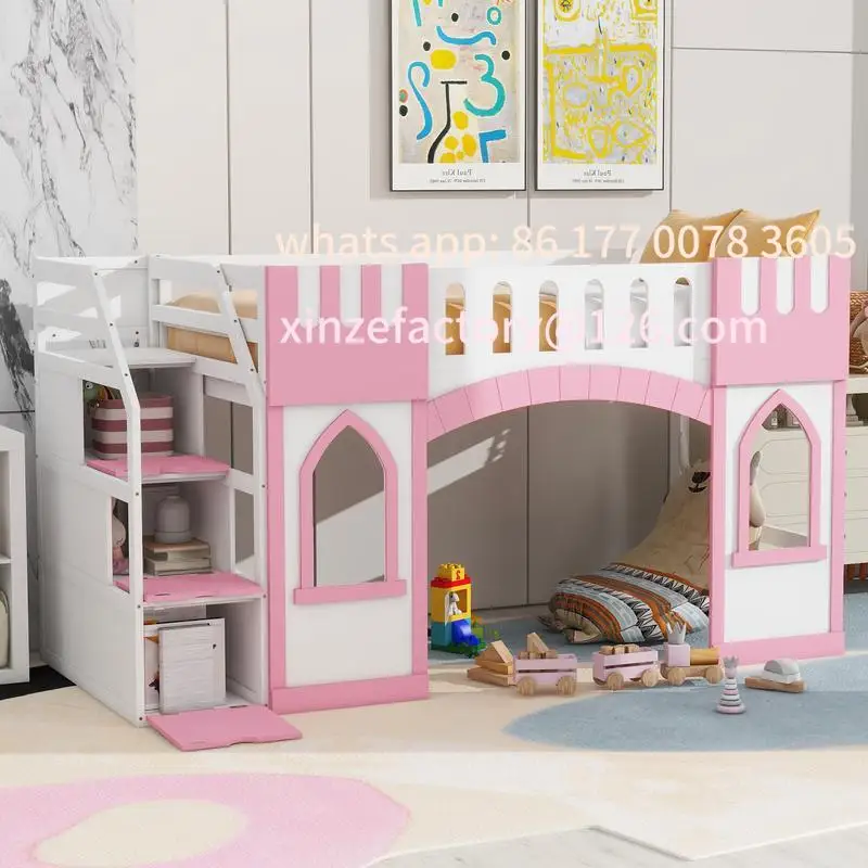 

Customizable Pink Twin Loft Bed with Storage Staircase & Window - Space-Saving Design for Kids