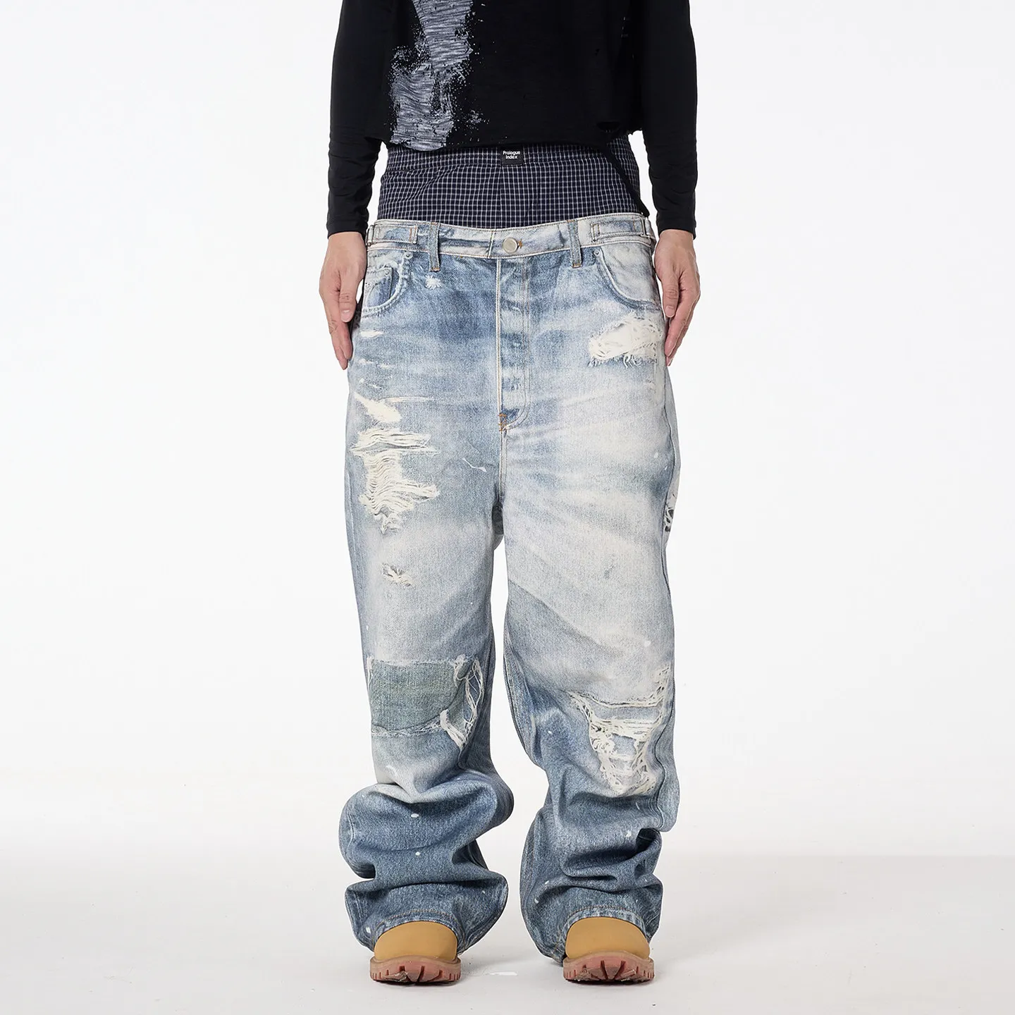 Fashion High Street Digital Realistic Washed Distressed Printed Fake Two Underwear Side Double Waist Jeans Men