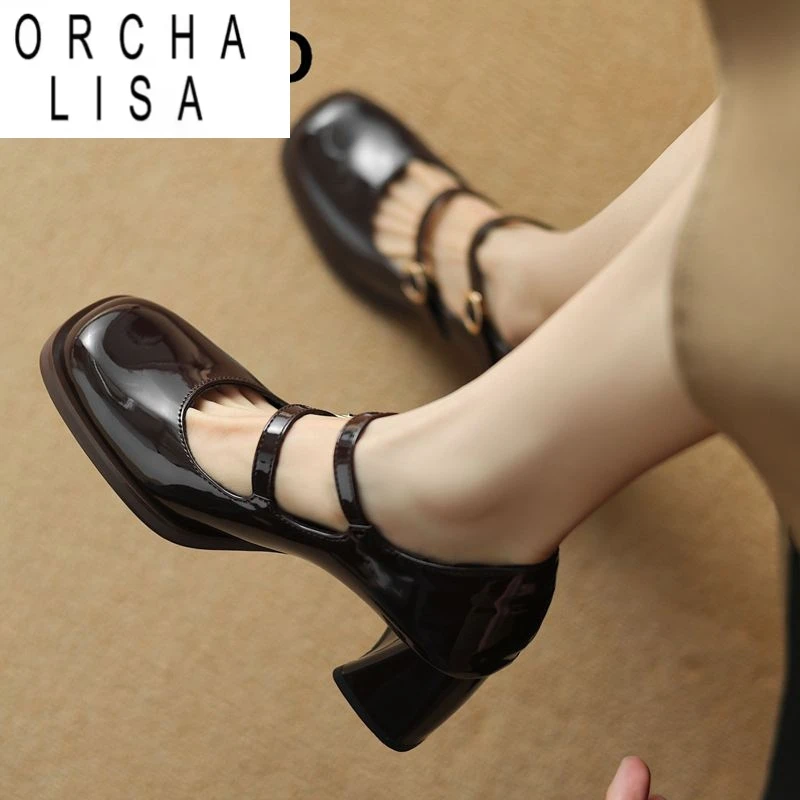 

ORCHA LISA Elegant Female Pumps Casual Hot Round Toe Sexy Party Women Shoes Spring Block Heels 7cm Double Buckle Straps Large Si