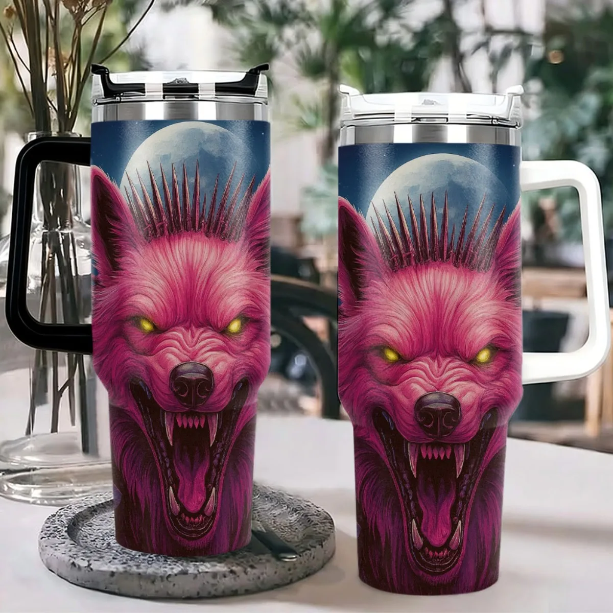 40oz Tumbler with Handle Fierce Pink Wolf Moon Background Print Insulated Cup, Other colors sold out, random black or white shipment for other color orders