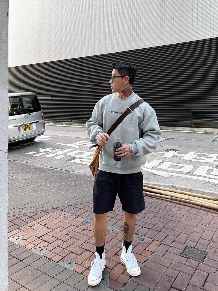 2024 nuova tendenza casual felpa stampata grigia pesante da uomo autunno e inverno girocollo pullover abbigliamento uomo y2k top emo