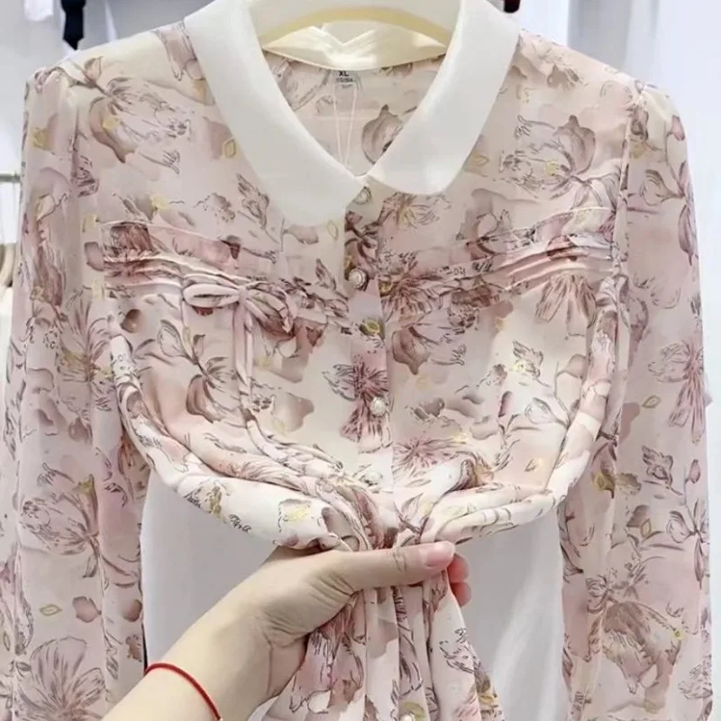 Middle-aged Women Clothing Stylish Floral Print Bow Chic Beaded Button Up Shirts Ladies Casual Ruffle Long Sleeve Loose Blouses