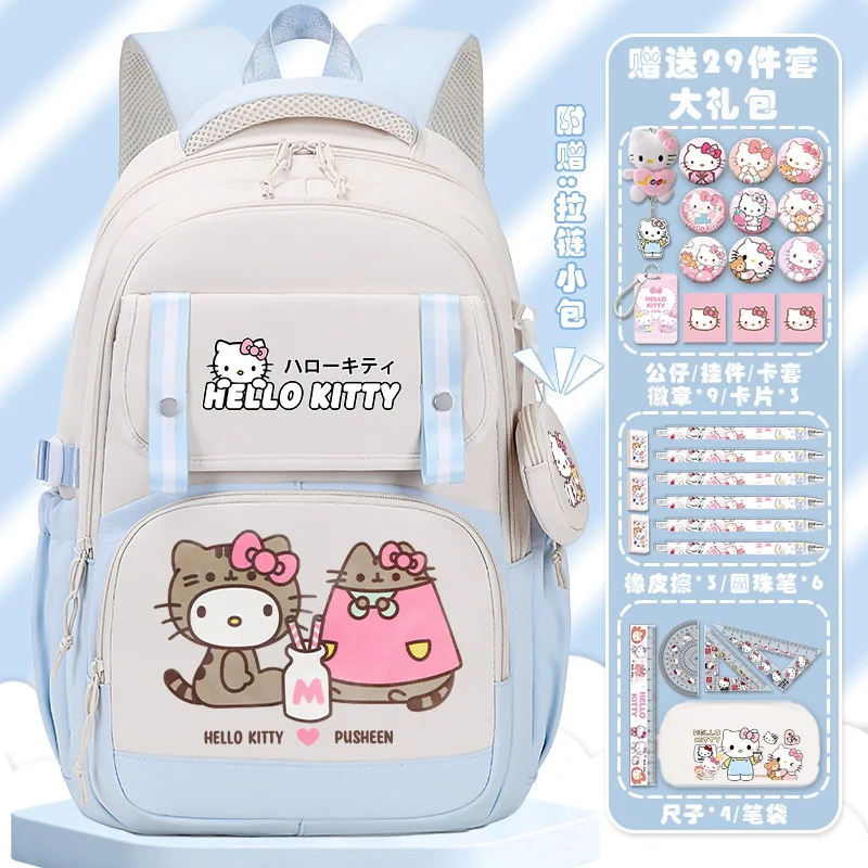 Sanurgente-Cartable étudiant Hello Kitty pour enfants, grande capacité, sac à dos de campus léger avec protection de la colonne vertébrale, nouveau