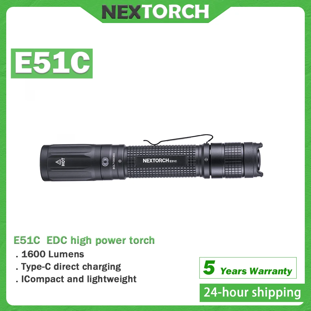 

NEXTORCH E51C High Power Flashlight EDC Portable USBC Rechargeable Flashlight Compact Outdoor Use Camping 1600 lumens standard