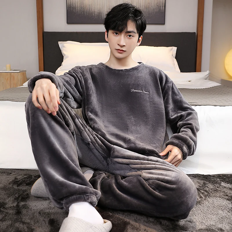 2024 Winter Men Fleece Casual Long Sleeve Pajamas Set Coral Velvet Cute Cartoon Sleepwear Male Plush Thicken Warm Homewear