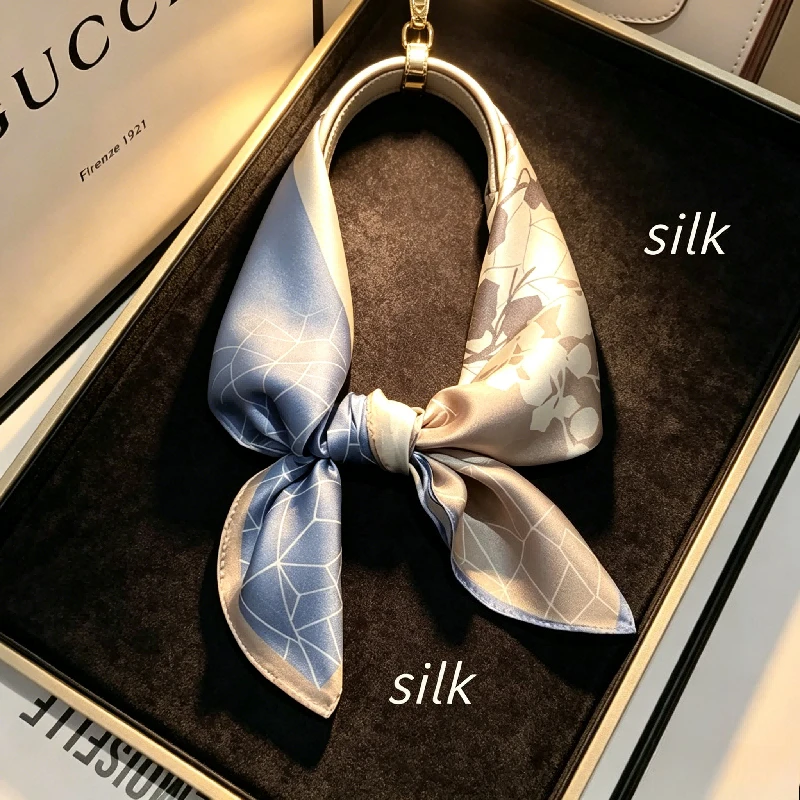 Korean Small Scarf Versatile Decorative Geometric Splicing Silk Scarf Women's Headband Bag Matching Clothing Mulberry Silk Scarf