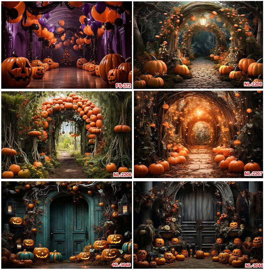 Pumpkin Autumn Forest Backdrops Halloween Retro Door Backgrounds Party Decor Supplies Photographic Birthday Balloons Cake Smash