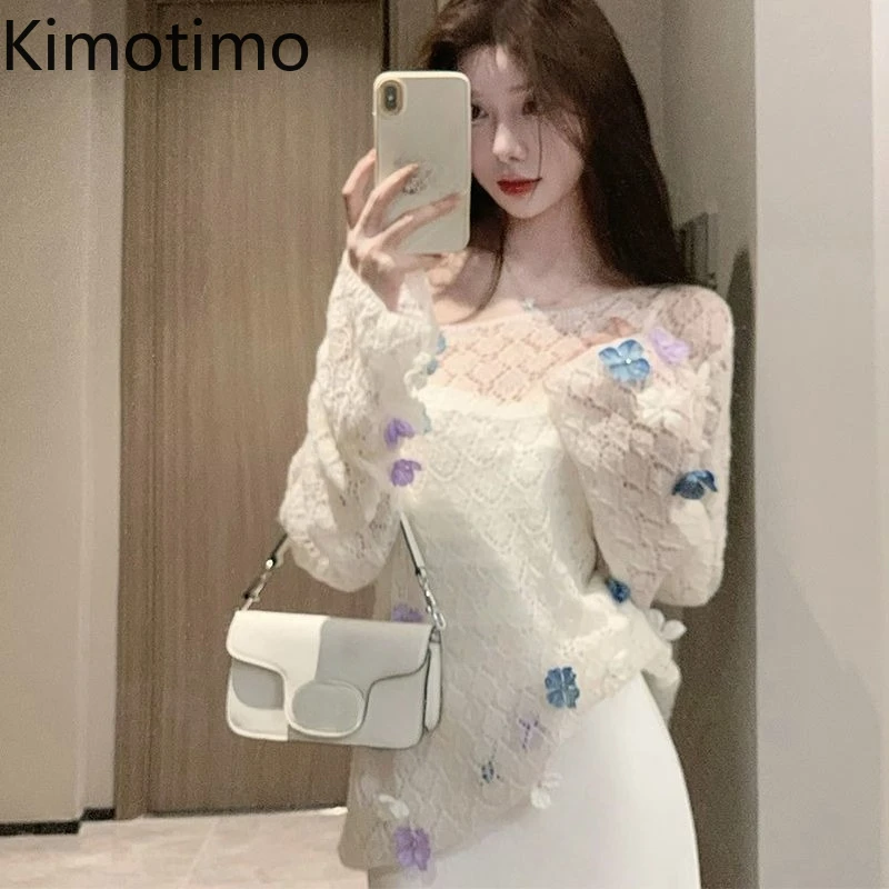 

Kimotimo, вязаные топы с белым цветком, женские осенние сексуальные универсальные тонкие свитера с длинными рукавами, свободный модный пуловер Y2k