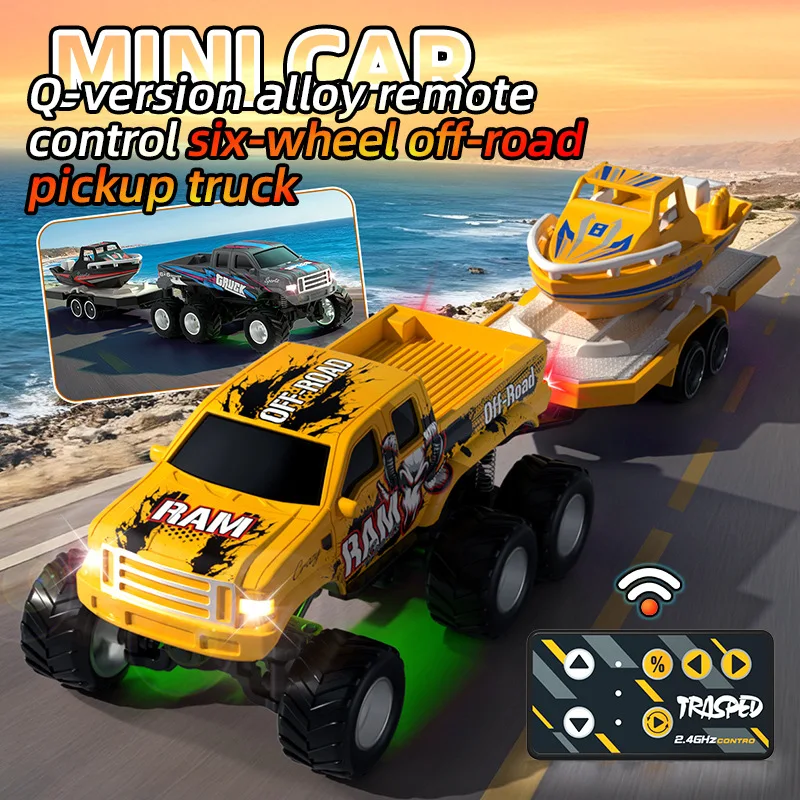 1/64 RC Mini Alloy Off Road Pickup Car with Speedboat Cool Light Automatic Demonstration Remote Control Car Boy Desktop Toy Gift