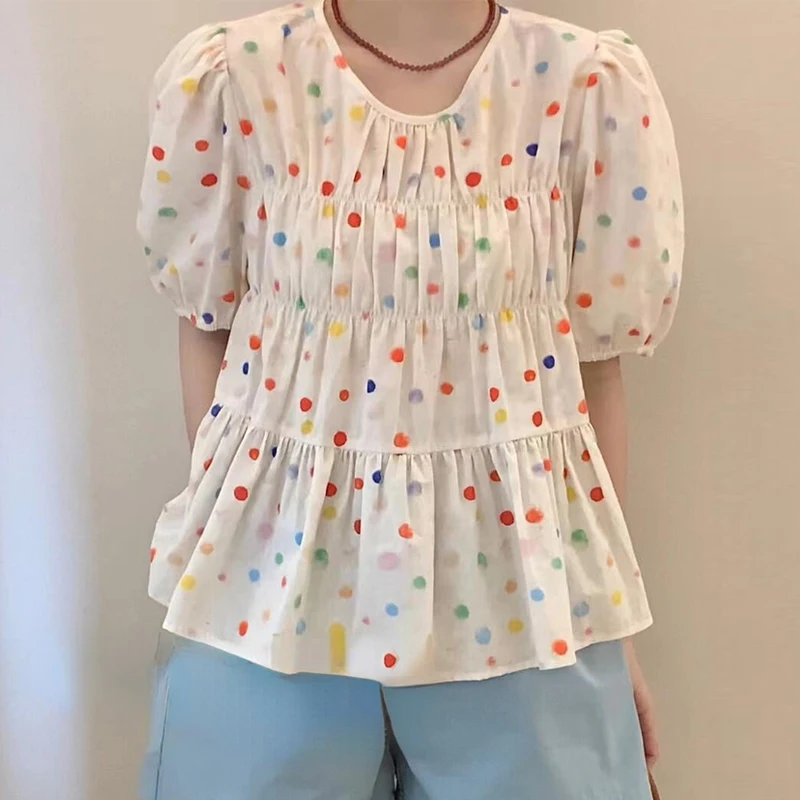 Colorful Polka-dot Short sleeve Puff Sleeve Shirt Women  Summer New Korean Sweet Round Collar Pleated Loose Tops Clothes 1975