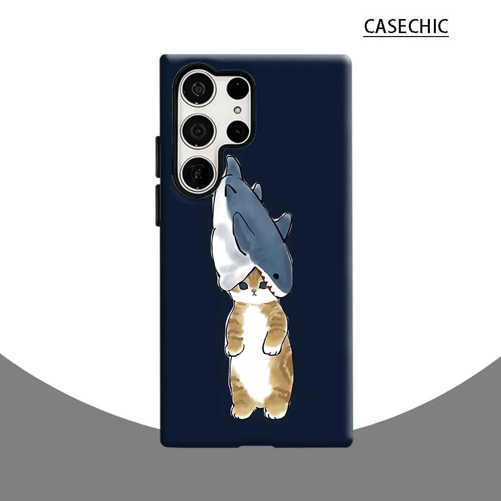Cat in Shark Costume Phone Case for Samsung Galaxy S26 S25 Ultra S24 S23 Ultra Plus Shockproof Double layer tough Back Cover