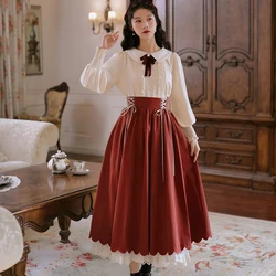 Japanese Style Kawaii Bowtie Shirt Skirt 2PCS Set Cute Peter-Pan Embroidery Women Blouse Bandage A-line Double Lace Layer Faldas