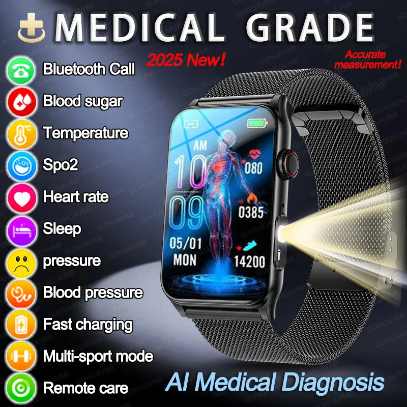 2026 New AI Medical Diagnosis Smart Bracelet Men Blood Sugar Blood pressure uric acid Heart rate BT call Health Smartwatch Woman
